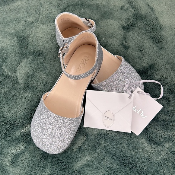 Baby Dior shimmer silver slippers